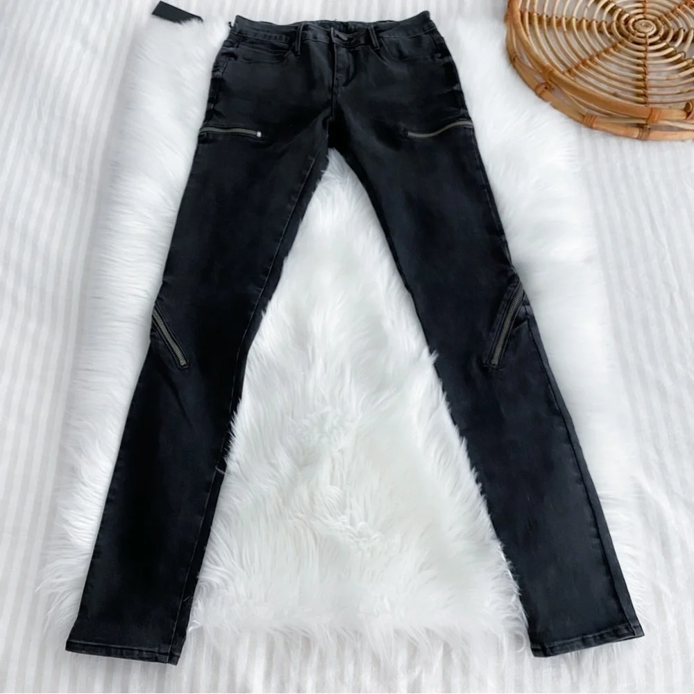 RtA Zip Skinny Denim Jeans Faded Black Low Rise Silver Zipper Detailing NEW NWT